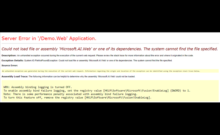 Could not load file or assembly 'Microsoft.AI.Web' or one of its dependencies.